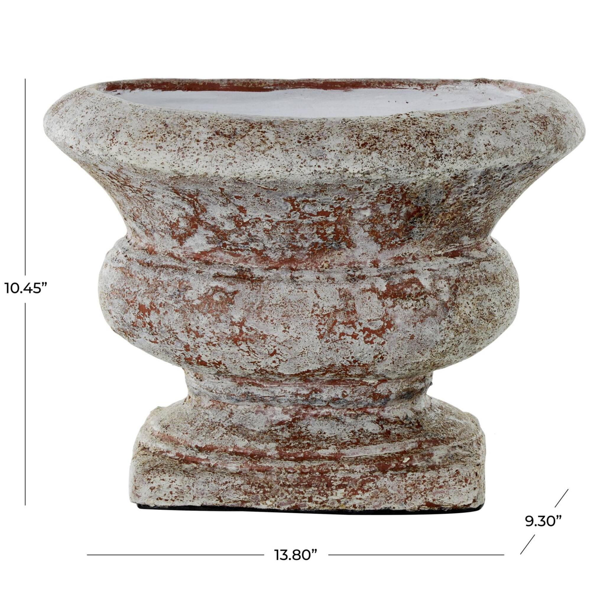 10.5" Brown Ceramic Antique Style Textured Wide Vase with Copper Accents